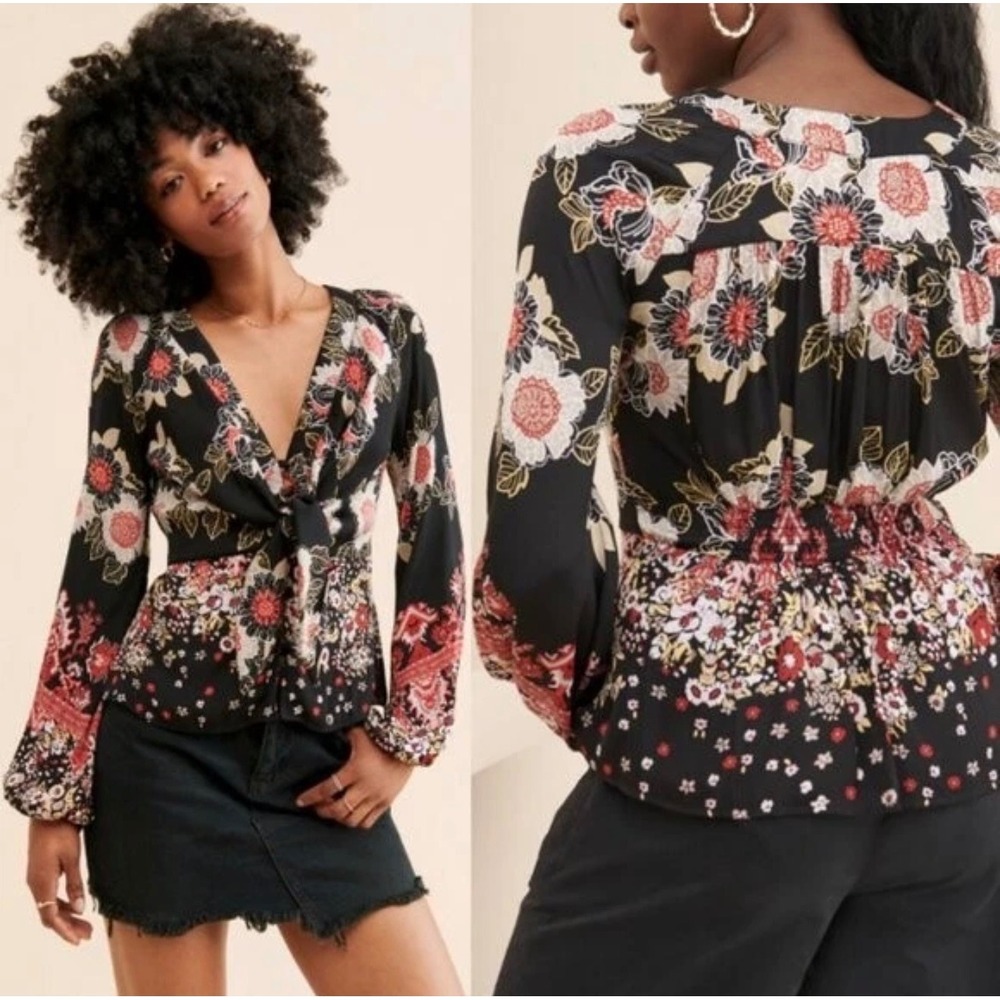 Free People Floral Tie Front Run Free Blouse Black Red Smocked Boho Large